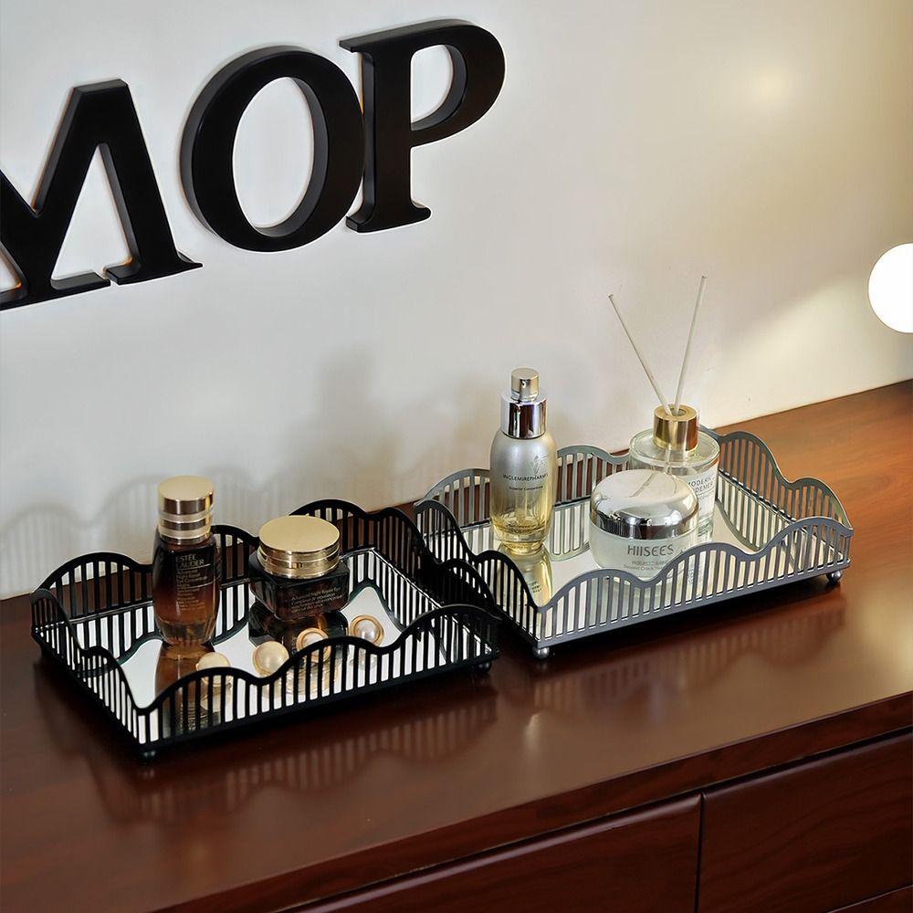 Exquisite Metal Storage Tray with Glass Mirror Bathroom Sundries Organizer Home Decorations