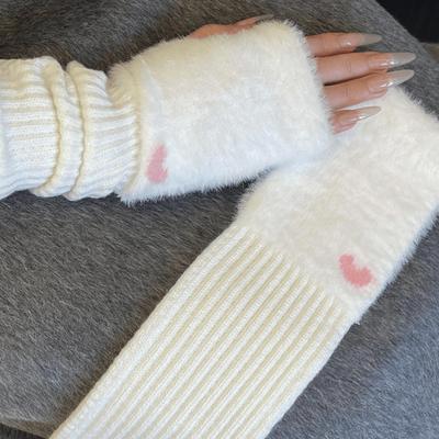 Nerzfleece Weiche Lange Handschuhe Winter Halbfingerhandschuhe Damen Warm Luxuriös Weiß Plüsch Gestrickte Fingerlose Handschuhe Handgelenkstulpen