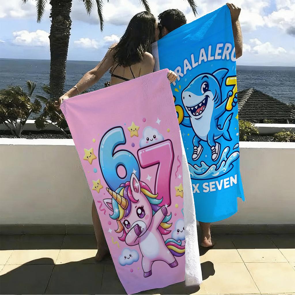 1pc Shark Unicorn Number 67 Beach Towel, Machine Washable, Ideal for Beach Vacation, Perfect Summer Holiday Best Gift