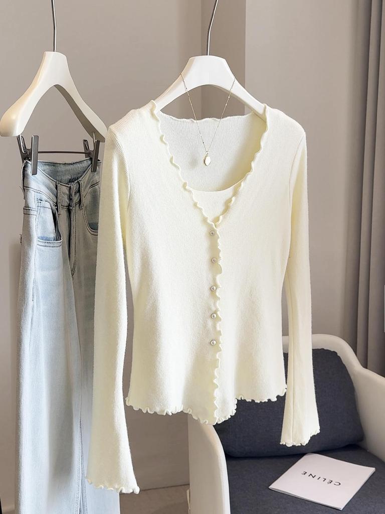 Koreanischer Stil Zweiteiliges Wollstrick-Camisole: Damen Schlankmachendes Langarm-Top für Herbst/Frühling