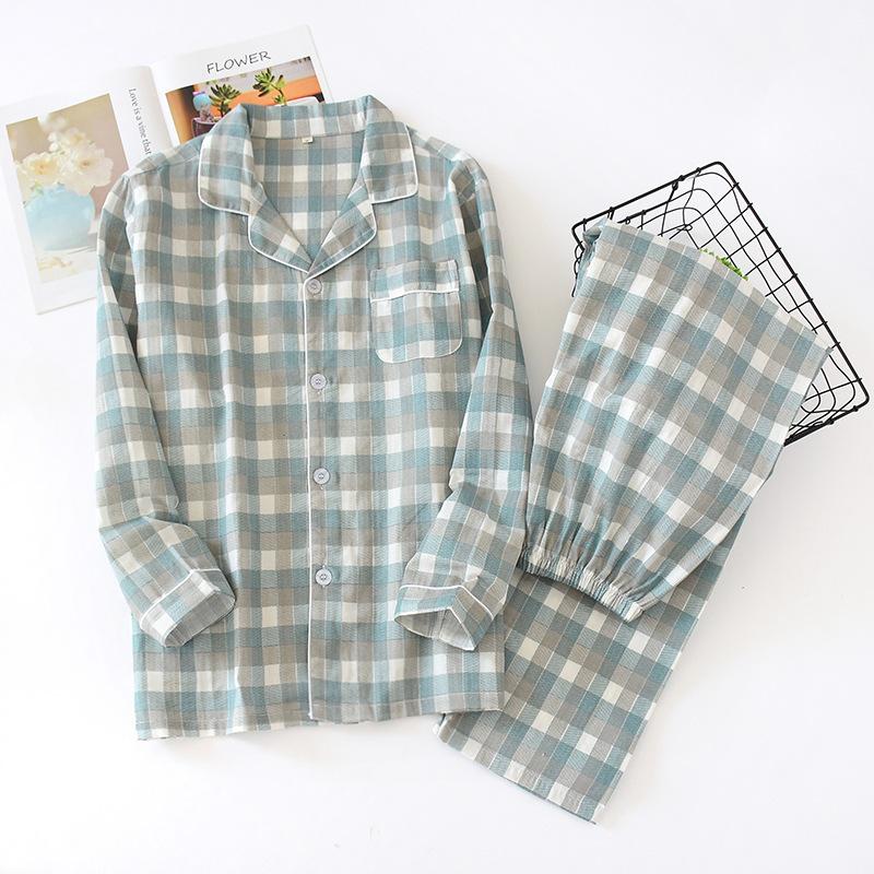 Spring couple pajamas, plaid gauze men's cotton long-sleeved lapel cardigan comfortable long-sleeved trousers loungewear