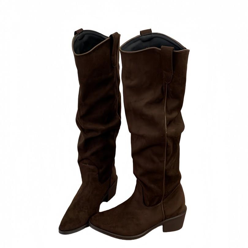 Pile Boots Vintage Suede Khaki Boots 2025 Women's Boots French Autumn Skinny Boots Thick Heel High Boots