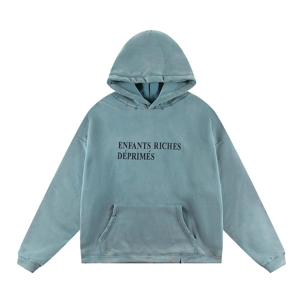 ERD Melancholy Blue Gradient Loose Washed Distressed American Style Hoodie