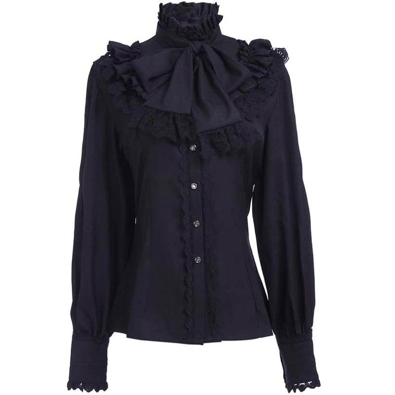 Summer Women's Vintage Ruffle Collar Shirt High Neck Lace Trim Button Down Shirt Elegant Gothic Blouse Tops