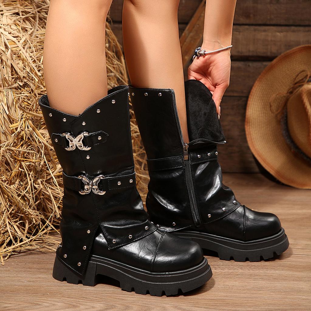 Women's Oversized Thick Sole Midsole Leather Boots with Rivets Bow Ties Knight Style Casual Comfortable Footwear