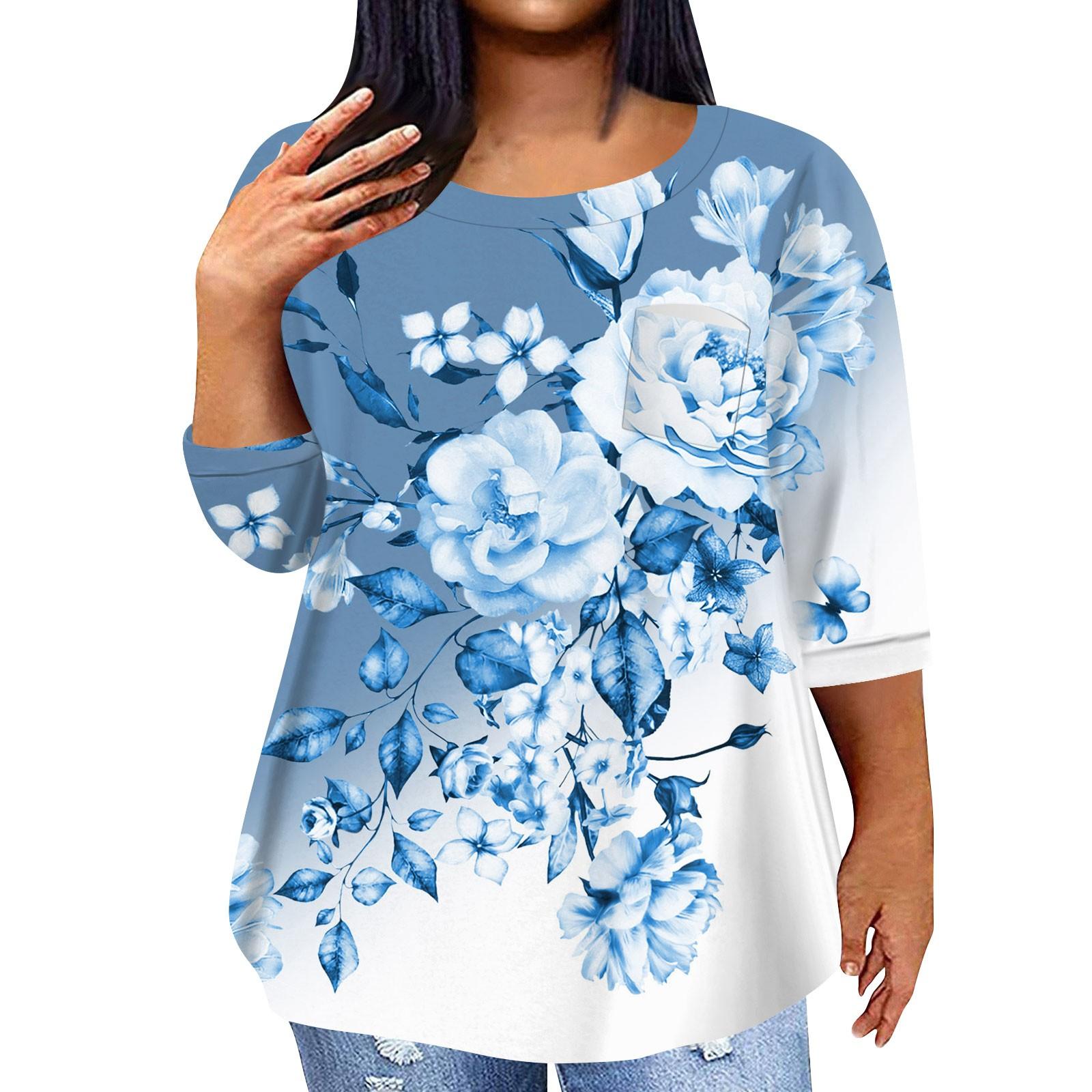 

Женский модный повседневный пуловер с круглым вырезом и рукавом три четверти с принтом, топ с рукавами 4/3 XXXL синий