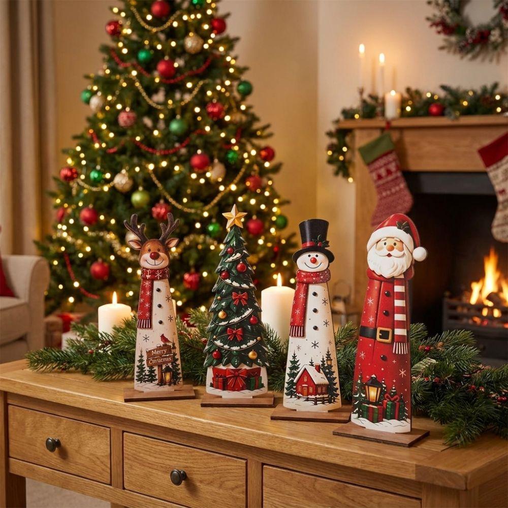 Vintage Christmas Wooden Figurine Set 2D Flat Reindeer Christmas Sign  Xmas Party
