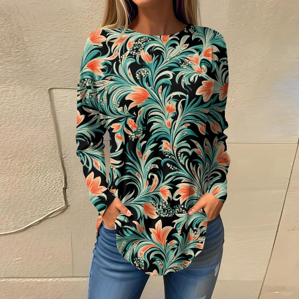 Women's  Loose Casual Flower Printed Round Neck Long Sleeved T Shirt Top Pullover Long Sleeved Sweatshirt