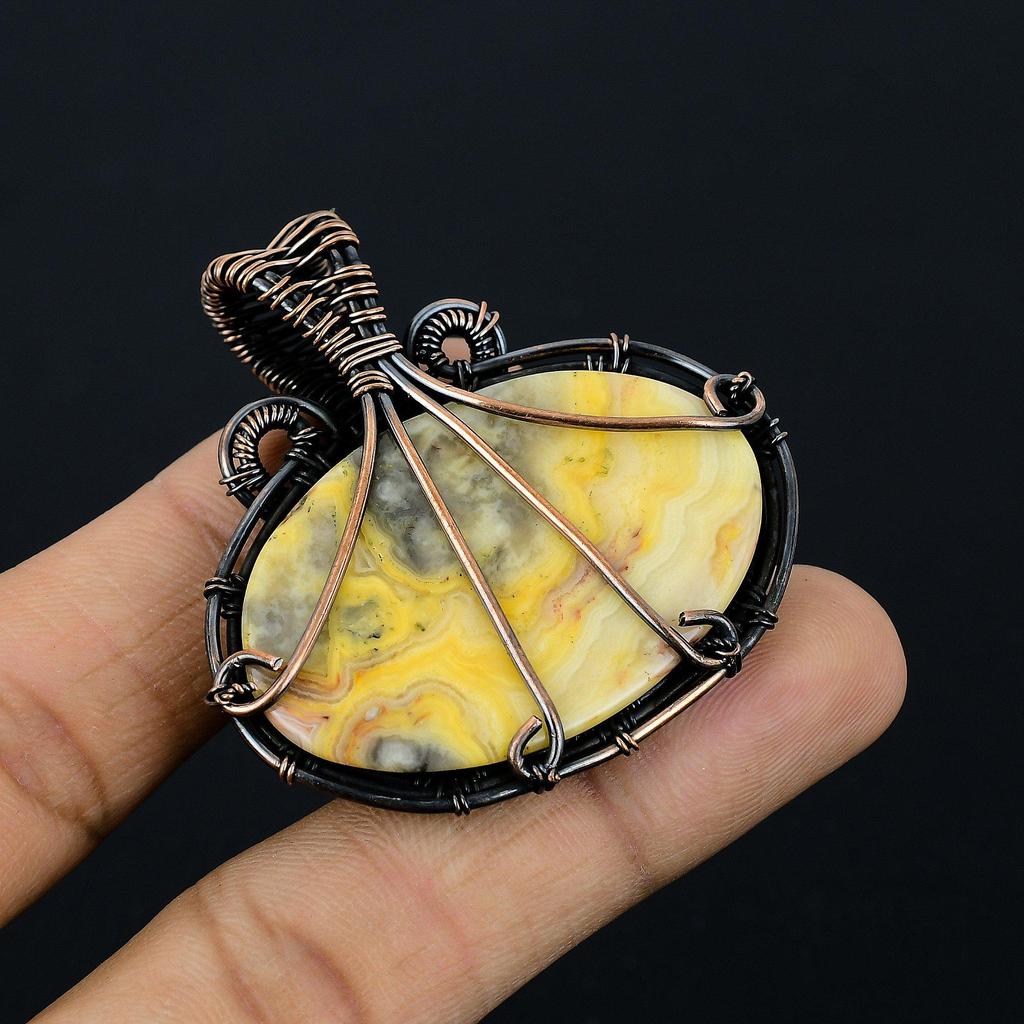 Yellow Laguna Lace Agate Pendant Gemstone Handmade Jewelry,  999 Copper Wire Wrapped Pendant, Gift For Wife Jewelry