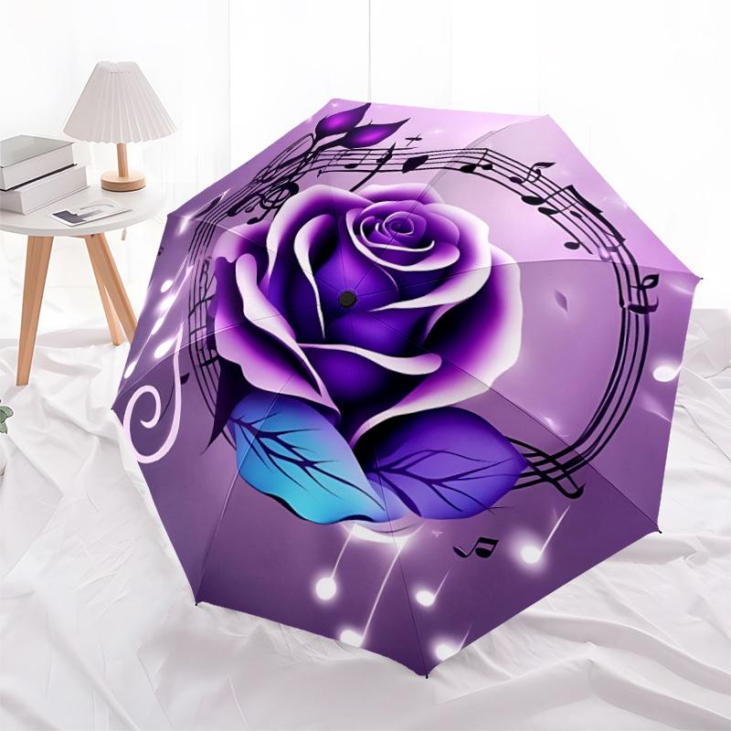 1pc Purple Rose Musical Notes Automatic Open/Close Folding Umbrella - Compact 8-Rib Design, Daily Use, Perfect Gift for Friends & Family Yy251124204