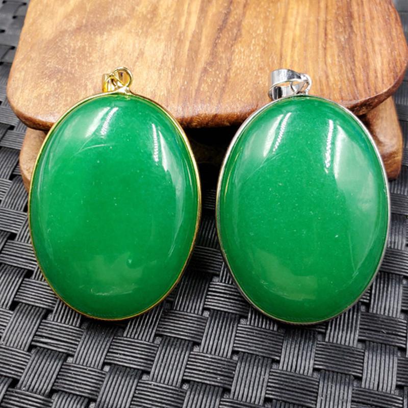 Taiwan Jade Egg Face Pendant - Green Quartzite Spinach Necklace Gold 30x50mm
