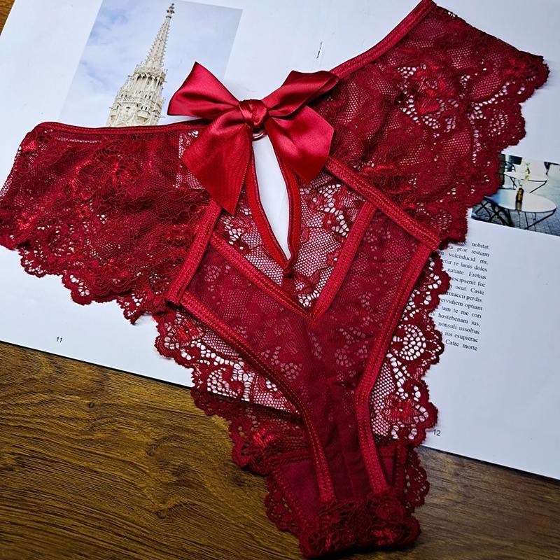 Women Lace Hollow Out Underwear Sexy Cross Strap Panties Bow Transparent Knickers 118