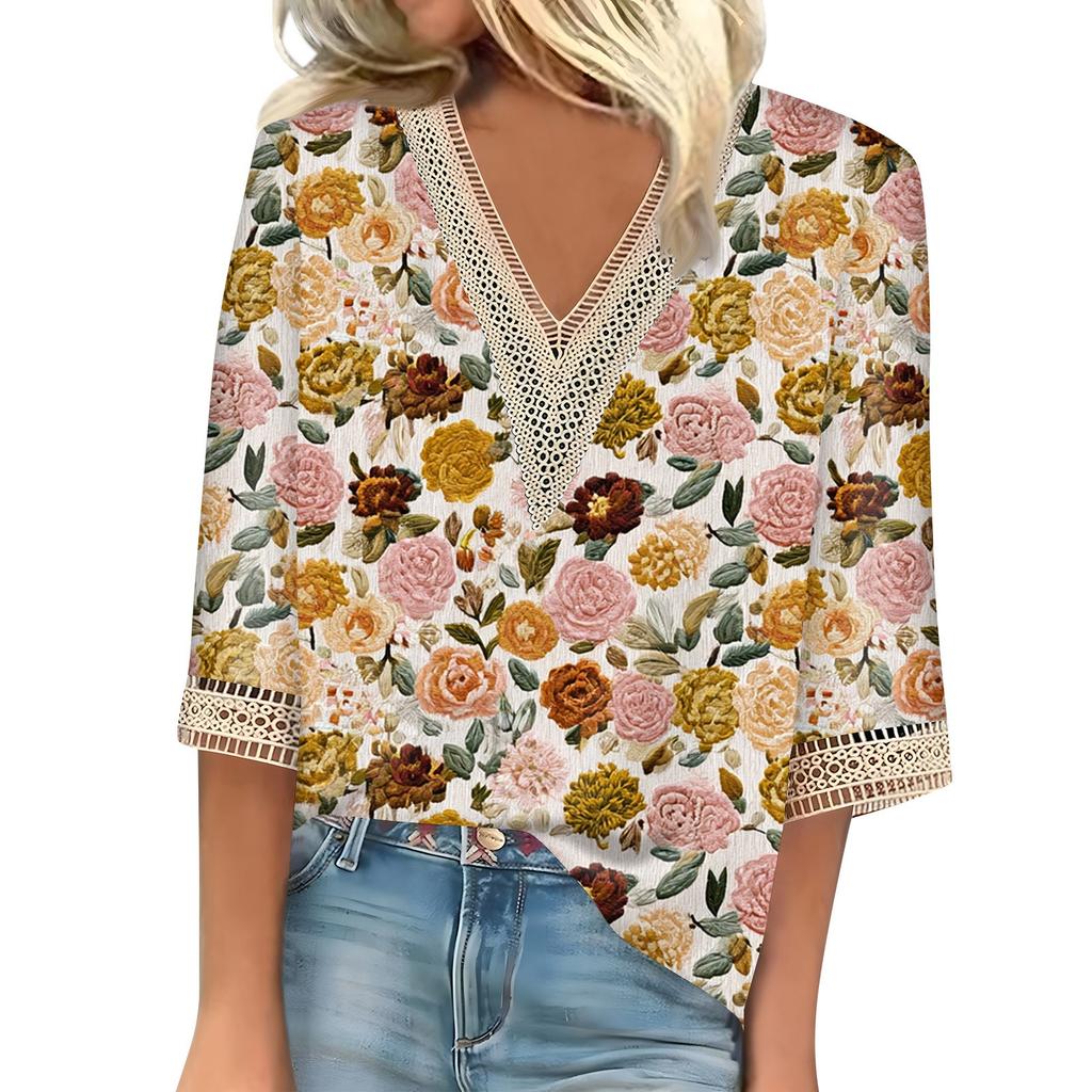 Women's Shirt Blouse Casual Loose Shirts 3/4 Sleeve Lace Trims Print V Neck Tops Print Tops T-shirts Tee