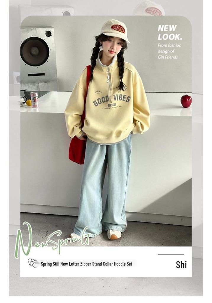 Korean Style Half-Zip Stand Collar Girls' Hoodie - Spring/Autumn Fashion