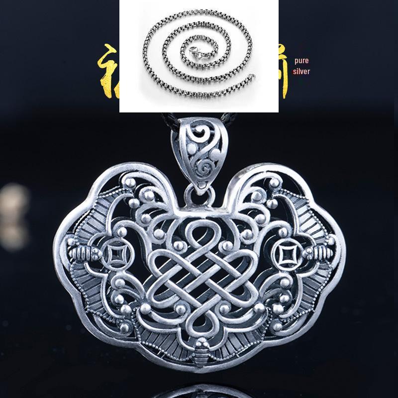 Sterling Silver Bat & Longevity Lock Pendant Necklace for Men & Women - Retro Sweater Chain Full Moon Gift