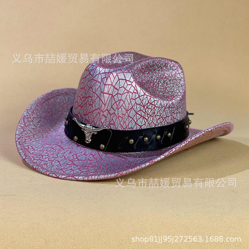 European and American Bull Head Belt Western Cowboy Hat New Breathable Sunshade Sequin Crack Jazz Hat Children