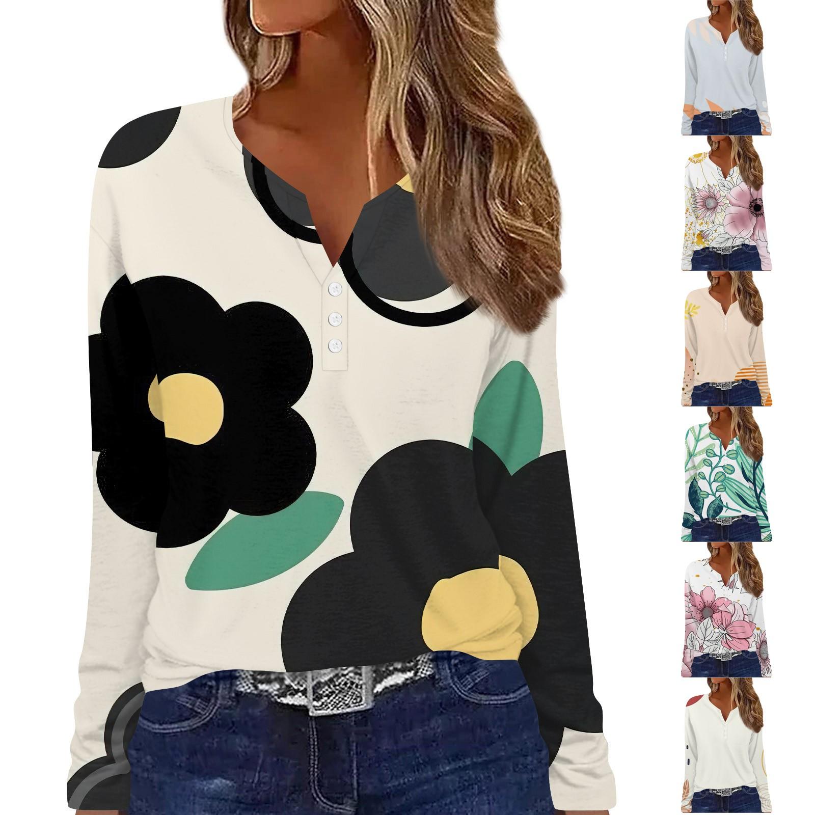 

Женская модная повседневная футболка с цветочным принтом и v-образным вырезом, длинным рукавом и декоративными пуговицами, топ XXXL розовый