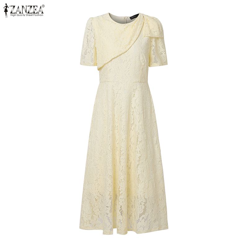 ZANZEA Women Round Neck Short Sleeve Lace Patchwork Long Dress