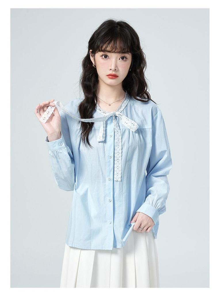 2026 Spring Lace Tie Loose Collar Long Sleeve Women's Shirt
