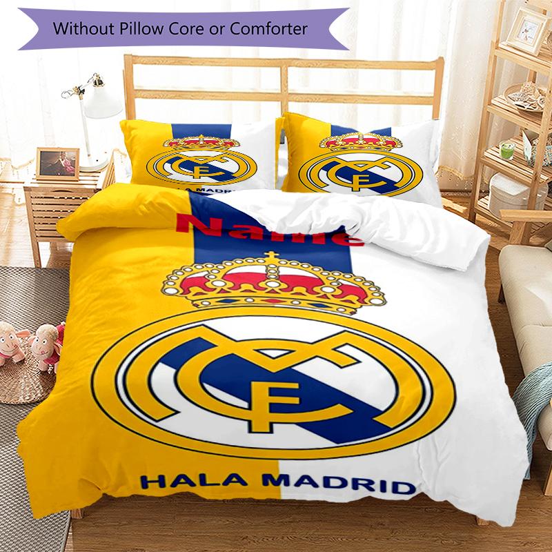3pcs Custom Name Real Madrid Bedding Set Duvet Cover Closure Includes 1 Duvet Cover & 2 Pillowcases, Soft and Comfortable for All Seasons.
