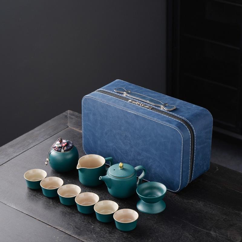 High-End Portable Ceramic Tea Set with Teapot, Teacups, and Tray for Household or Outdoor Use