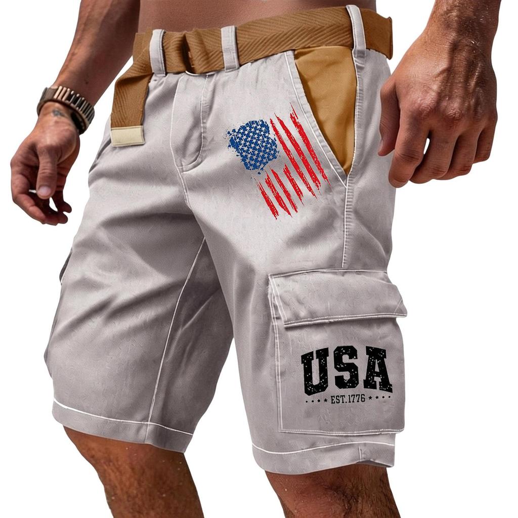 Men's Casual Multi Pocket Cargo Shorts with Flag and Letter Print Design Functional Workwear Shorts Without Belt Suitable for Outdoor Activities