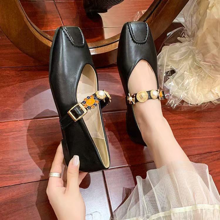 Single shoes women's summer new niche soft leather one-pedal square heel Mary Jane women's shoes
