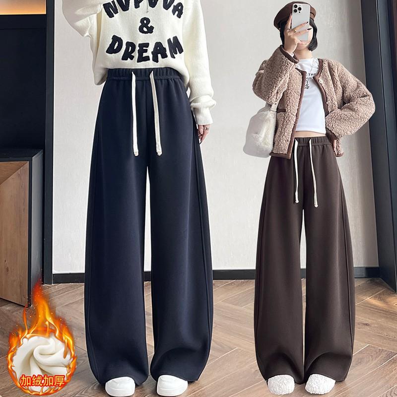 Womens High-Waisted Wide-Leg Fleece-Lined Cotton Blend Casual Trousers Loose Fit Winter Pants