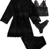 European Luxury V-neck Satin Pajama Set: Lace Cami, Five-Point Sleeve Robe, Four Pieces
