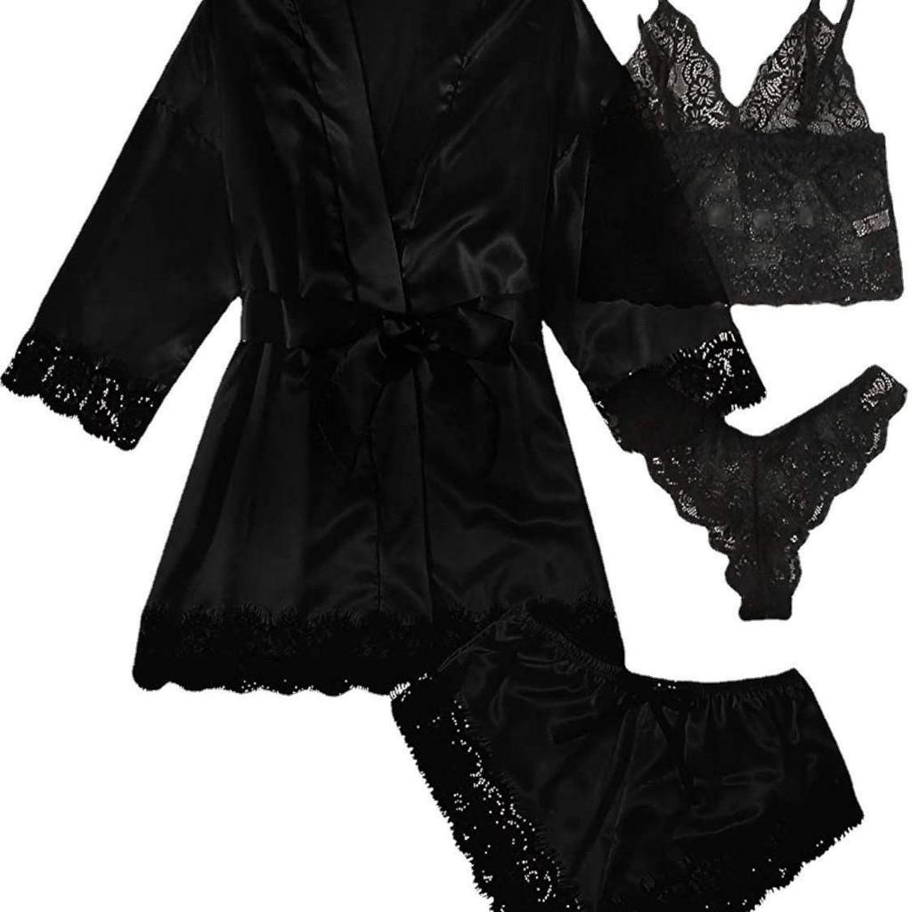 European Luxury V-neck Satin Pajama Set: Lace Cami, Five-Point Sleeve Robe, Four Pieces