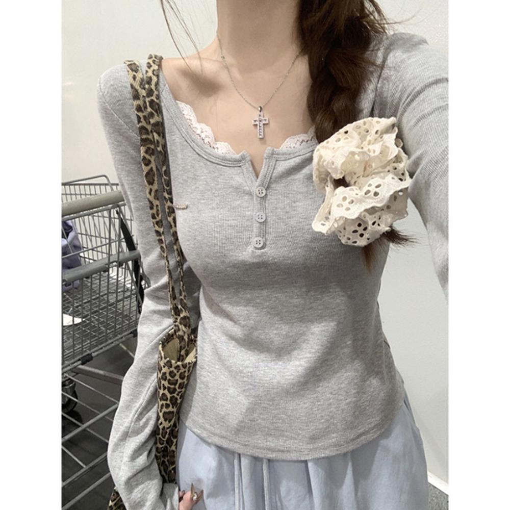 

Женская шикарная футболка с кружевной отделкой, облегающего кроя, с длинным рукавом, 2025 S