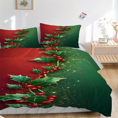 3pc Christmas Holly Berry Home Decorative Bedding Set-Festive Gift for Fans,Travelers & Daily Use 1287a