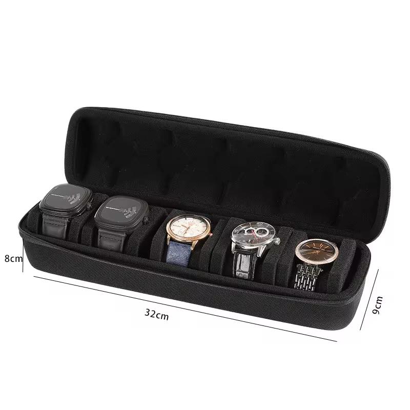 5-Slot Black Nylon Watch Travel Case - Protective Storage Organizer with Watch Pillow, Display Cabinet, and Holder Watch Case