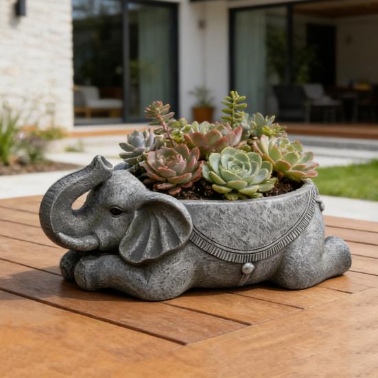 Elephant Planter Resin Elephant Animal Flower Pot Decorative Plant Holder with Drainage Hole for Indoor Outdoor Garden Patio Desk Home Decor