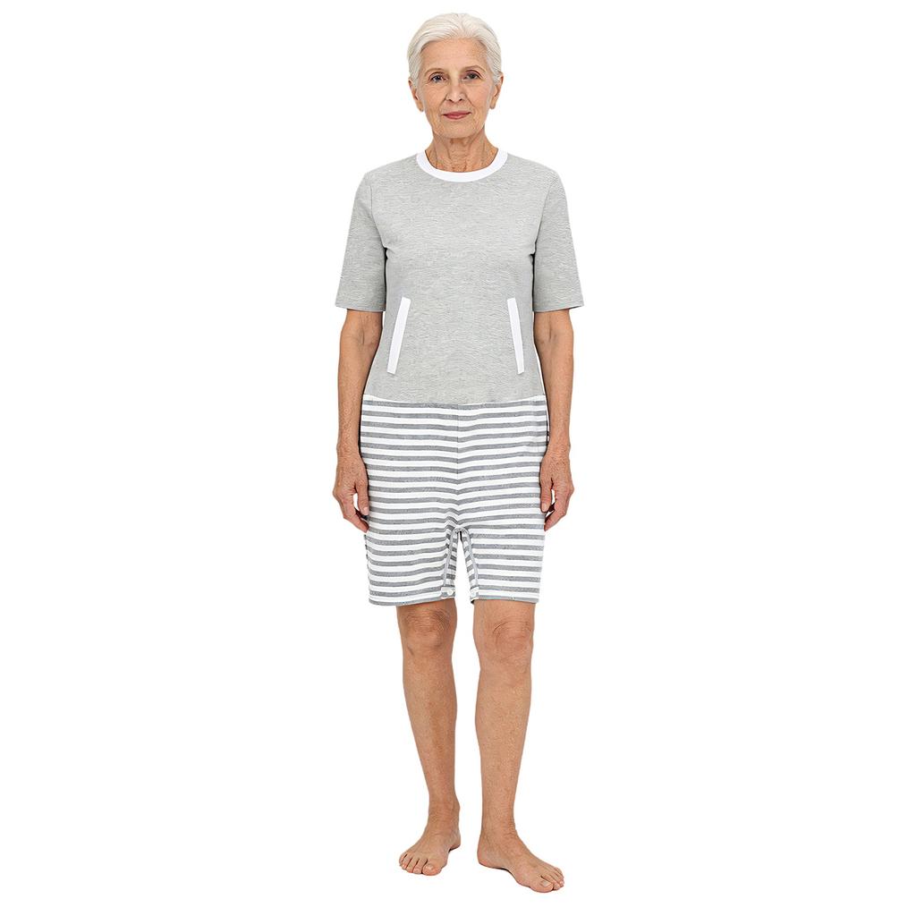 Tuta adattiva da donna per anziani con cerniera posteriore cerniera all'inguine Color Blocking Anti-strappo Tuta intera Bodysuit Alzheimer