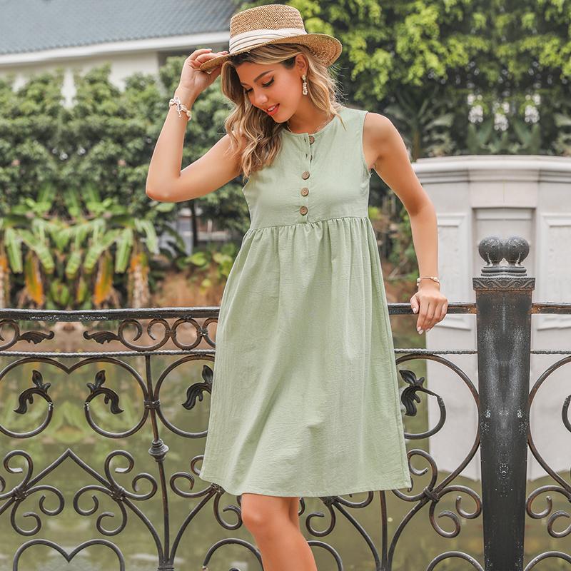 

YYFS женские модные летние весенние однотонные повседневные платья без рукавов с круглым вырезом и высокой талией XL