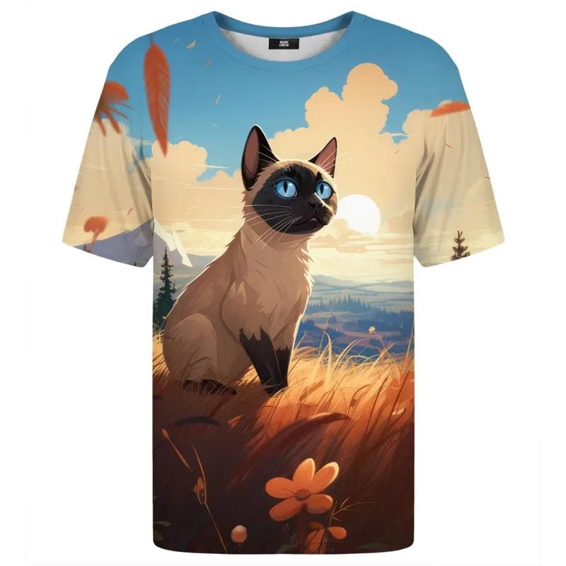 Summer Round Neck 3D Animal Cat Graphic Print Top Fashionable Casual Short Sleeved Men's T-shirts