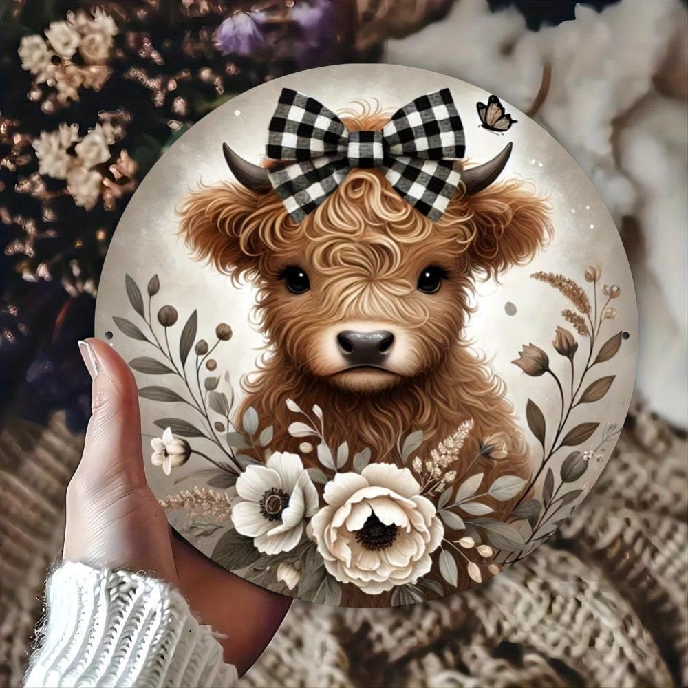 Metal Art Wall Decor Highland Cow Floral Wreath Round Sign Farmhouse Home Kitchen Gift