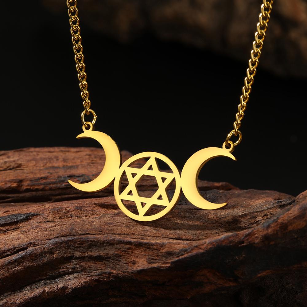 Dawapara Triple Moon Hexagram Necklace Jewish Star of David Moon Phase Pendant Wiccan Goddess Jewelry Stainless Steel