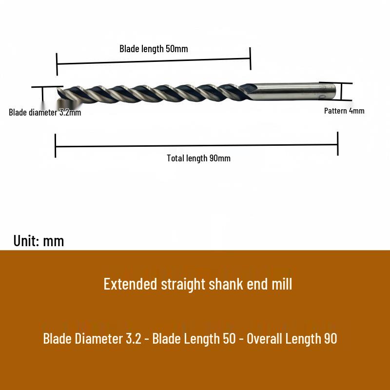 High-Speed Steel Extended Straight Shank Three-Flute End Mill, 2.5-10mm, White Steel