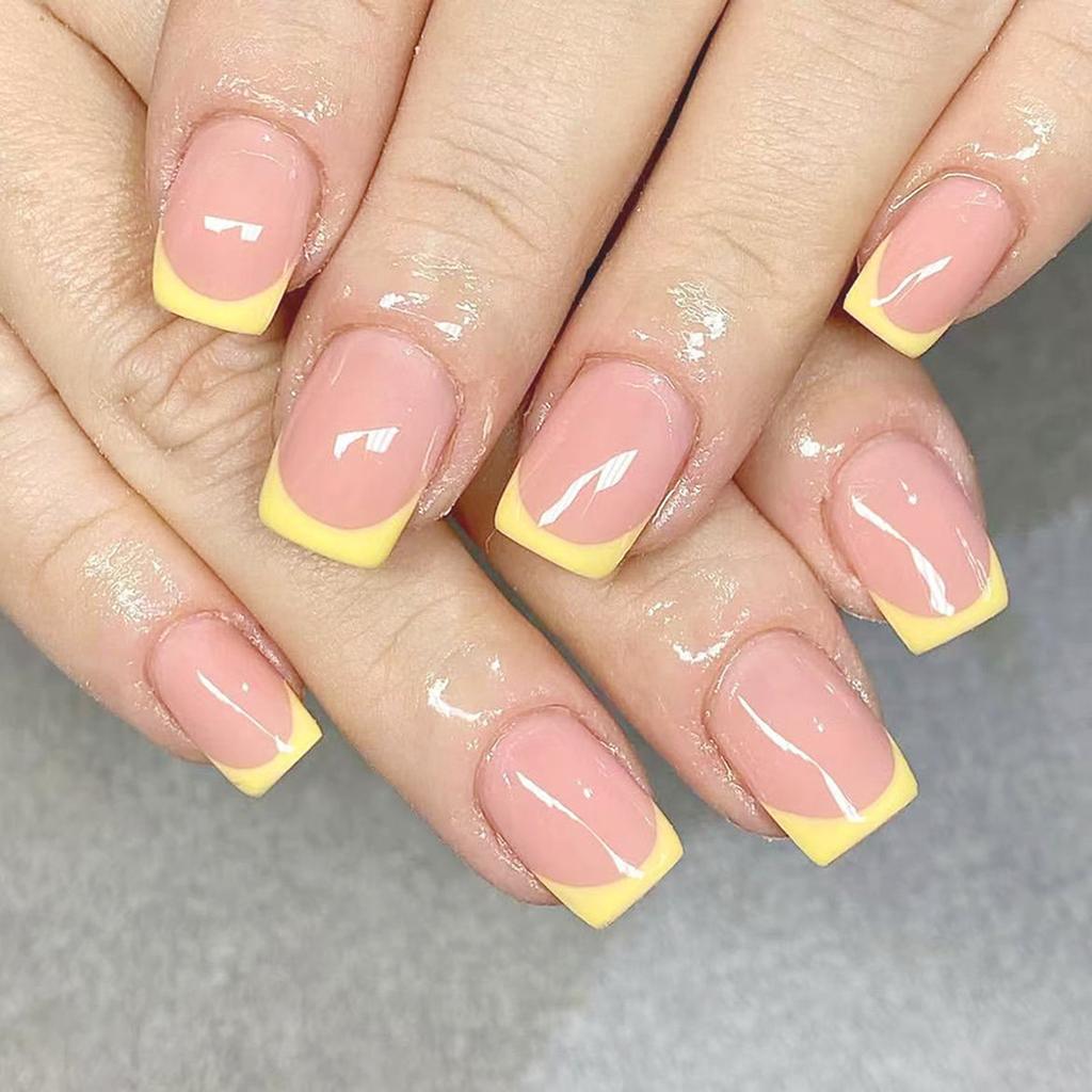 Square Press on Nail Artificial Fake Nail Tips Full Cover Yellow False Nail Glossy Glues on Nail for Women Girls 24Pcs