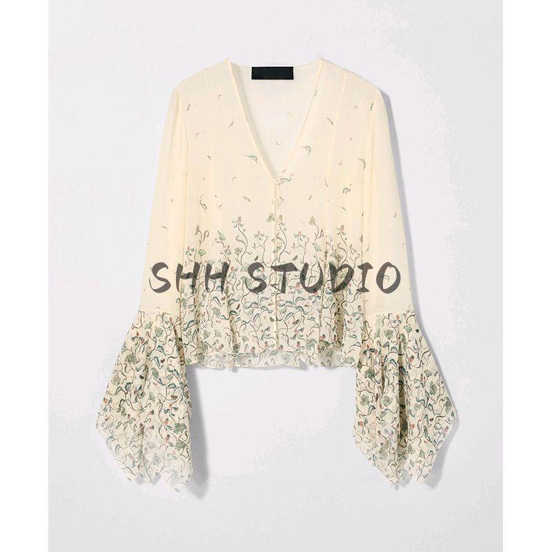 Summer New Product Women's Clothes Ins Style Laminated Decoration V Neck Long Sleeves Flower Print Shirt Tops 3752858
