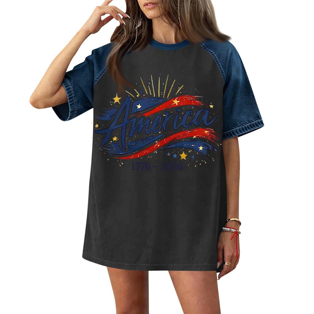 Women's Casual Short Sleeve T-Shirt Denim Patchwork Top 250th Independence Day Graphic Print Comfortable Fit Relaxed Style