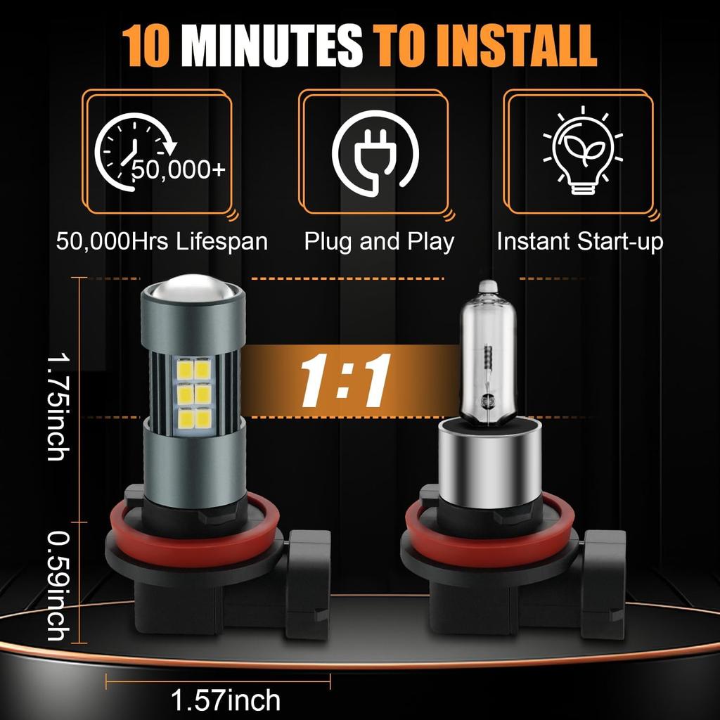 H11 LED Fog Bulbs, Super Bright H8 H16 LED Fog Lights 6500K Cool White, Plug And Play, Replacement Lights For Cars Trucks SUV, Pack Of 2