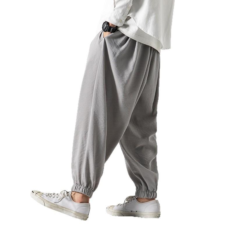 Cotton and linen elastic waist large size Harlan pants retro bloomers Hong Kong style wide leg wide leg leggings