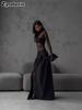 New Black High Waist Slit Maxi Dress for Women, Elegant Office Wear A-Line Lace Patchwork Design Long Skirt