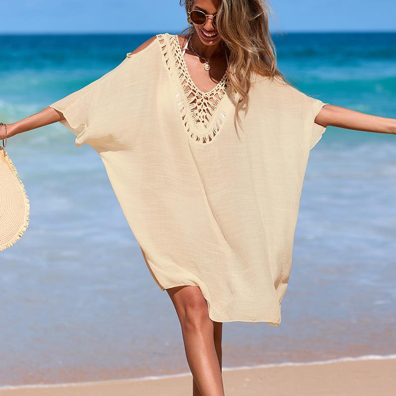 A New Summer Seaside Vacation Casual Loose Hand-hooked V-neck Mid-length Backless Strappy Smock for Women