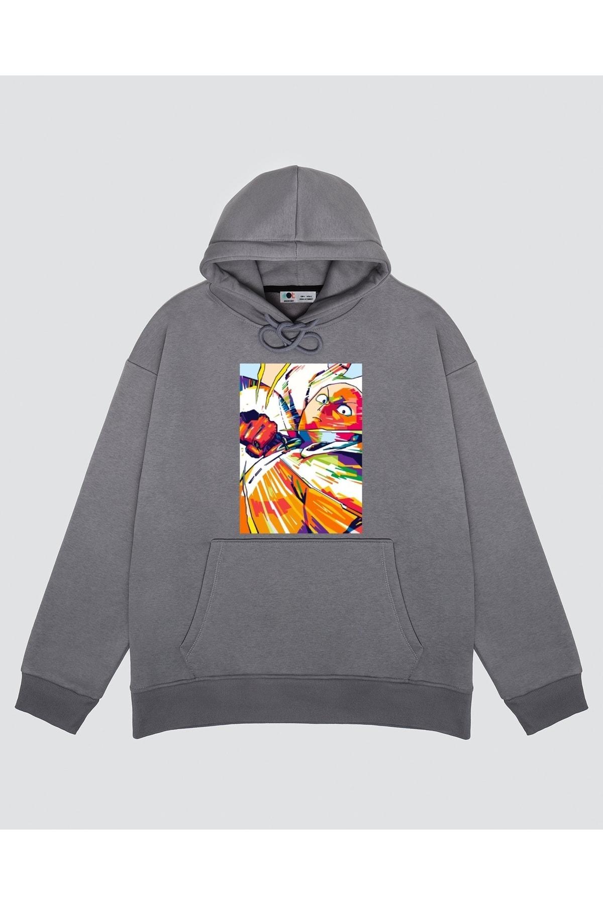 

Unisex Gri Kapşonlu Sweatshirt Saitama One Punch