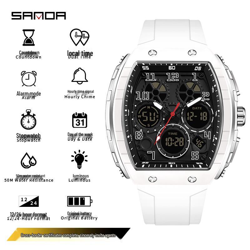 Sanda Dual Display Waterproof Barrel-Shaped Electronic Watch with Alarm for Students and Parties