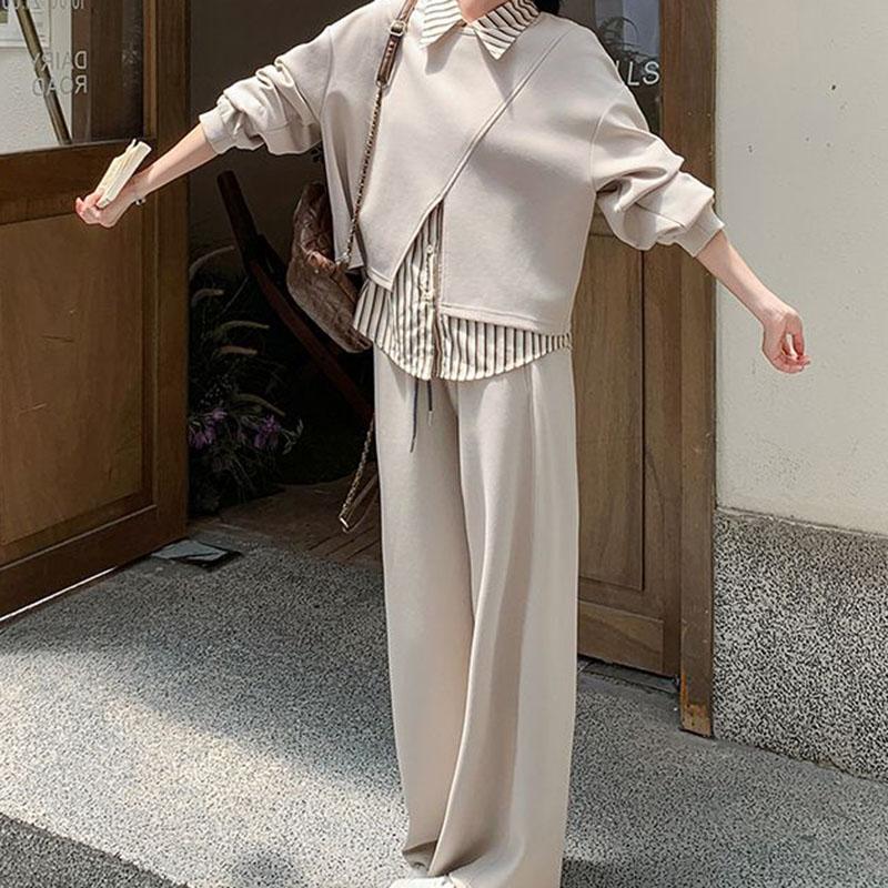 Women Suits Sets Cotton Large Size Vest Shirt Wide-Leg Pants Thickened  Longs Pants Three-piece Oversize 3PC Suit